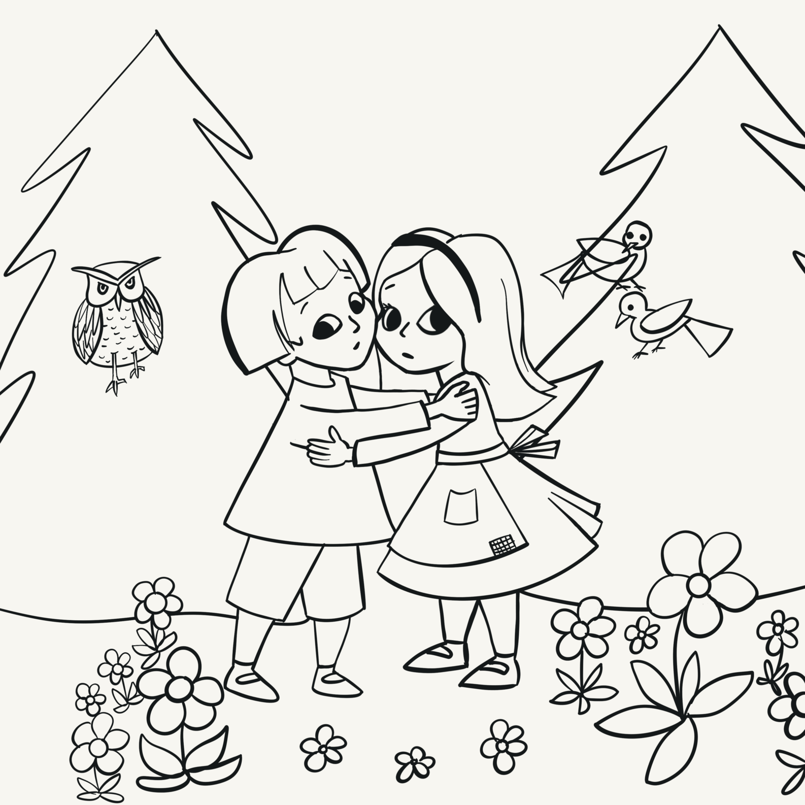 Line drawing of boy and girl hugging in a forest with birds watching