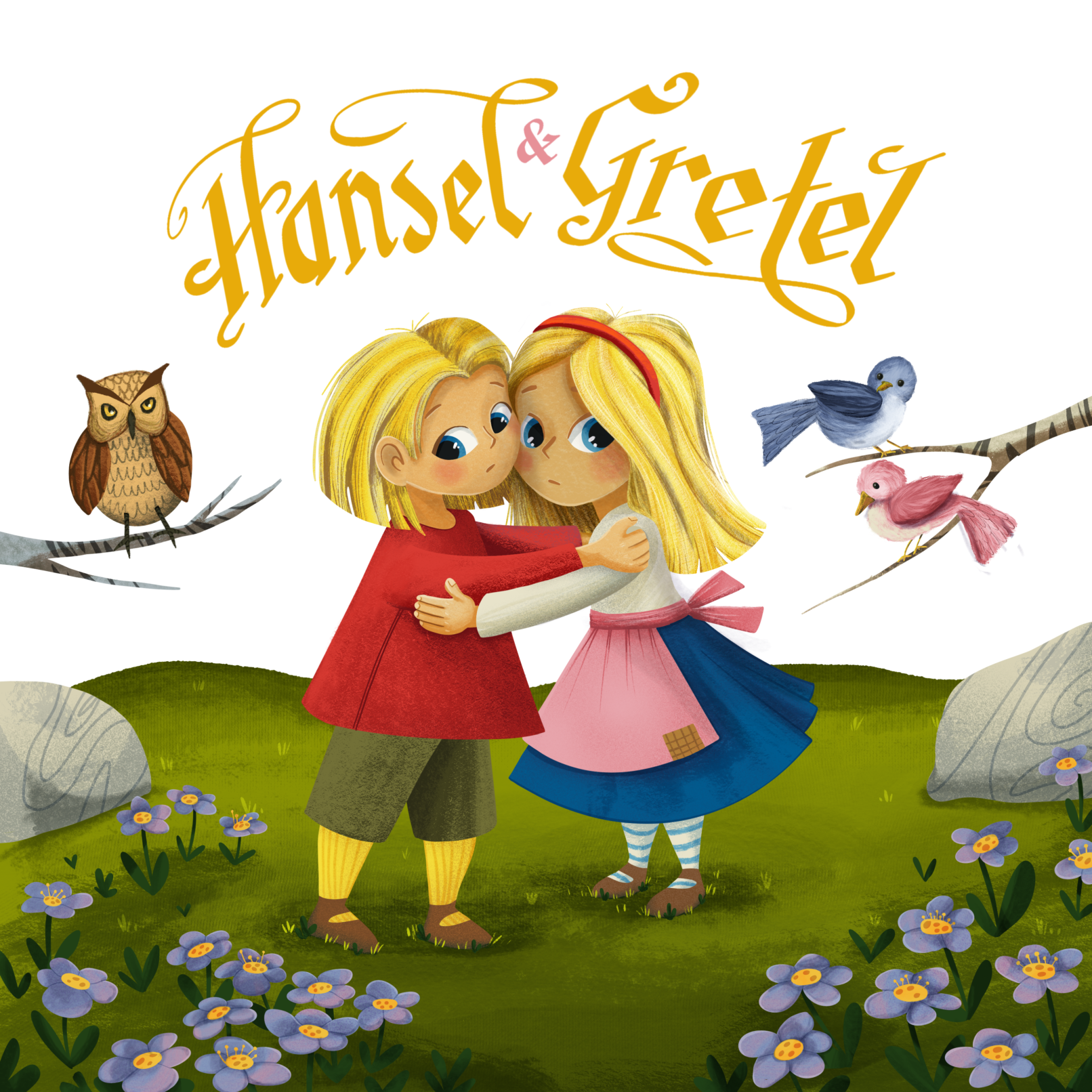 Blonde boy and girl hug in scary forest as birds watch