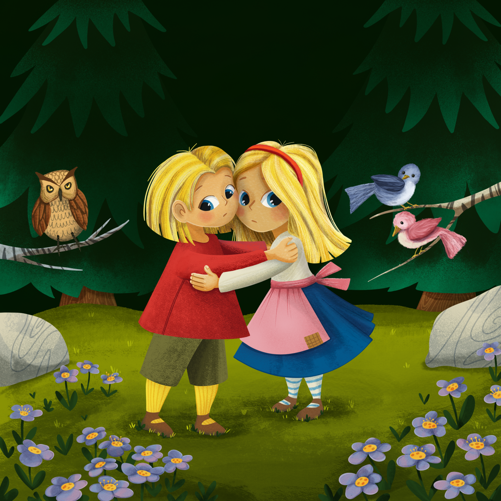 Blonde boy and girl hug in scary forest as birds watch