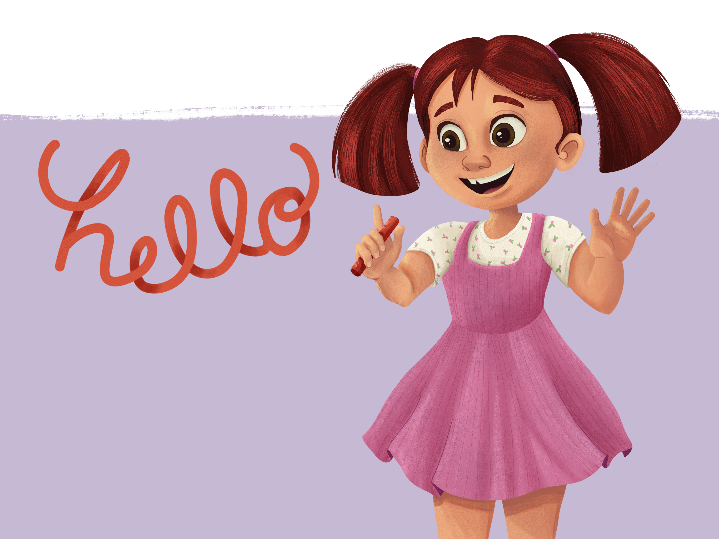 Illustration of a young girl writing the word, hello